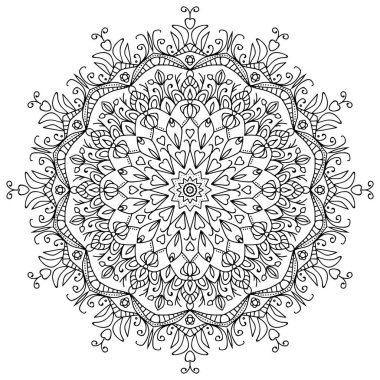 Henna, Mehndi, dövme, dekorasyon için mandala şeklinde dairesel desen. Güzel gevşeme siyah beyaz süs. Boyama kitabı sayfası.