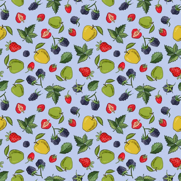Nahtloser Hintergrund Mit Früchten Erdbeere Brombeere Apfel Endlose Textur Für — Stockvektor