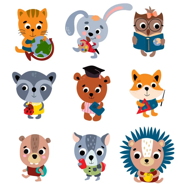 Back School Students Little Animals Set White Background Isolate Vector — Vettoriale Stock