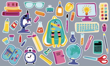 Back to school sticker set. Stationery stickers. Vector illustration.
