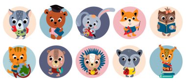 Okula dönelim. Küçük hayvanların koyduğu öğrenciler. Beyaz arka plan, tecrit. Vektör illüstrasyonu.