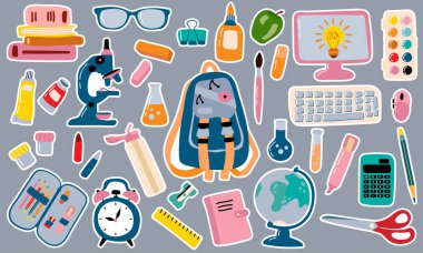 Back to school. School sticker set. Vector illustration.