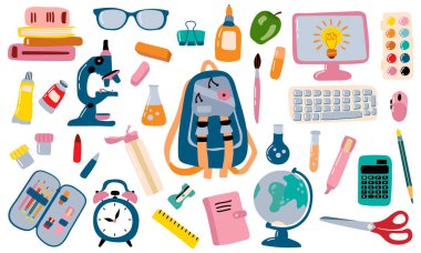 Okula dönelim. Okul takımı. Beyaz arka plan, tecrit. vektör illüstrasyonu.