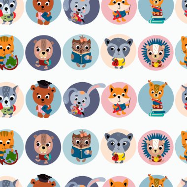 School seamless pattern with cute little animals. Design for fabric, textile, wallpaper, packaging.