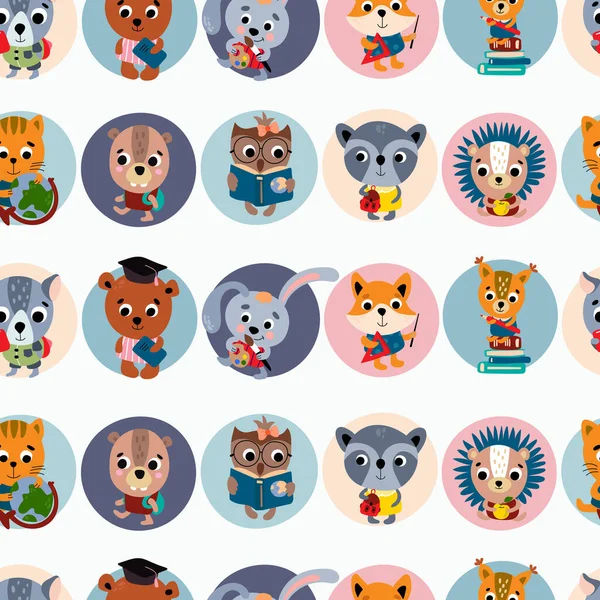 School Seamless Pattern Cute Little Animals Design Fabric Textile Wallpaper — Vector de stock