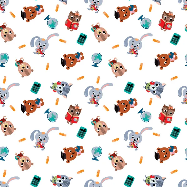 School Seamless Pattern Cute Little Animals Design Fabric Textile Wallpaper —  Vetores de Stock