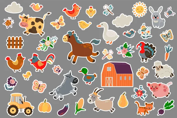 Set Pegatinas Animales Granja Estilo Dibujado Ilustración Vectorial — Vector de stock