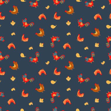 Sevimli piliç, horoz ve piliçle kusursuz desen. Elle çizilmiş bir çiftlik. Kumaş, tekstil, duvar kağıdı, ambalaj için tasarım.