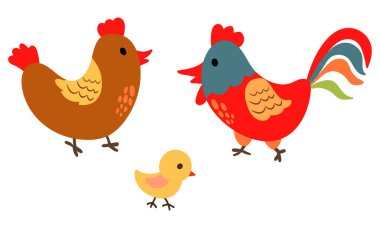 Çekilmiş tavuk, horoz ve civciv. Beyaz arka plan, tecrit. Vektör illüstrasyonu.