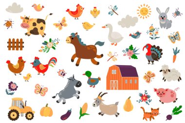 Çiftlik büyük seti. Çizim stili. Beyaz arka plan, tecrit. Vektör illüstrasyonu.