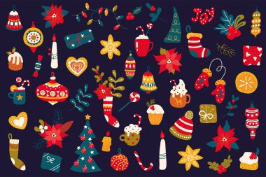 Vektör elementlerin şirin Noel seti. Çizim stili. Stok illüstrasyonu.