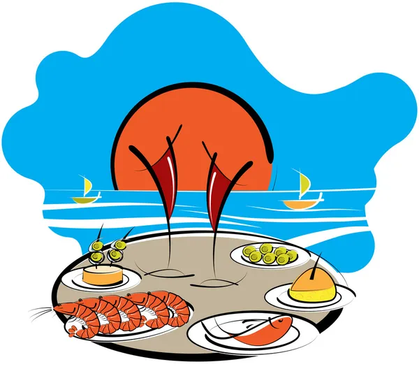 Comida española en la playa — Vector de stock