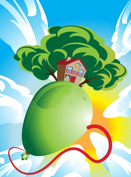 House and green tree floating on a balloon — Stock Vector