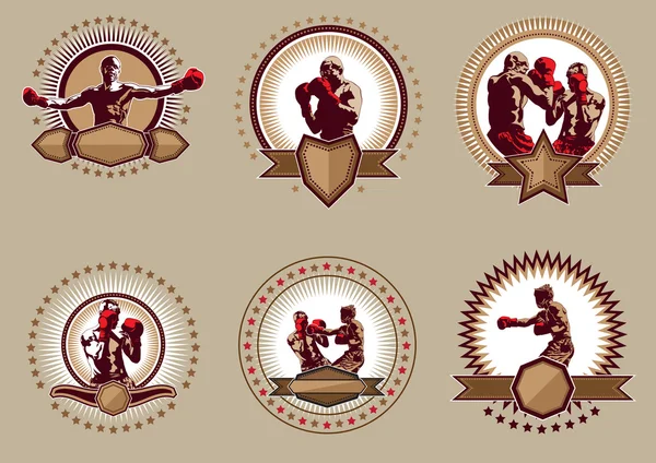 Conjunto de seis ícones ou emblemas circulares de boxe —  Vetores de Stock