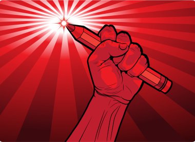 Fist holding a pencil with a fiery point clipart