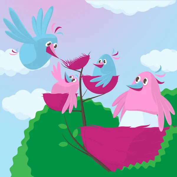 Cute cartoon vogels met een groeiende familie — Stockvector