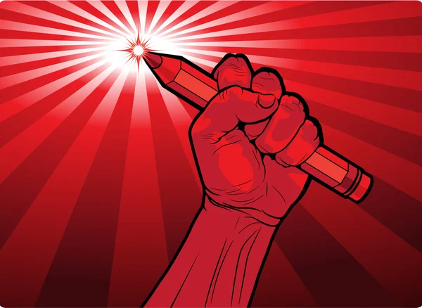 Fist holding a pencil with a fiery point — Stock Vector