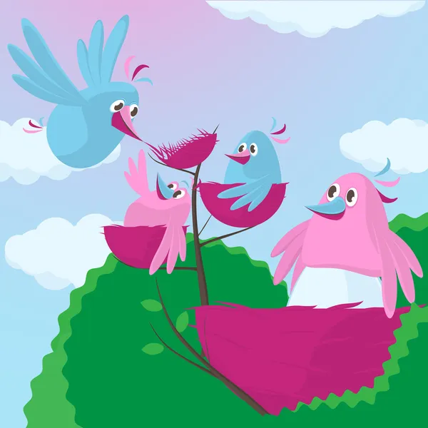 Niedliche Zeichentrickvögel mit einer wachsenden Familie — Stockvektor