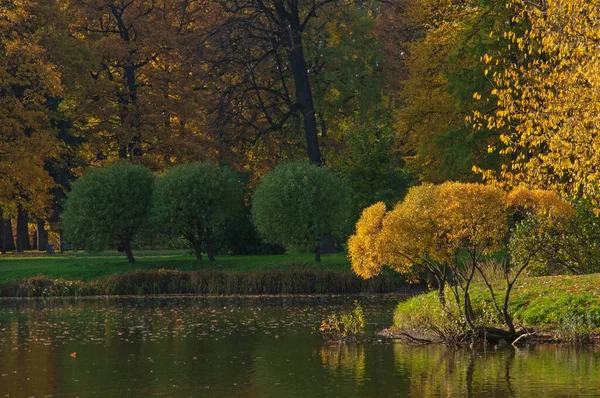 Parque Ciudad Con Árboles Con Hojas Naranjas Amarillas Otoñales Lago —  Fotos de Stock