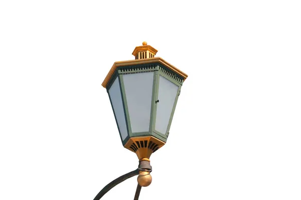 Vintage Groen Geel Elektrische Stad Straatlamp Witte Geïsoleerde Achtergrond Close — Stockfoto