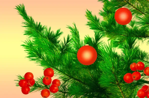 Christmas Red Balls Rowan Berries Background Green Spruce Branches Close — Stock Photo, Image