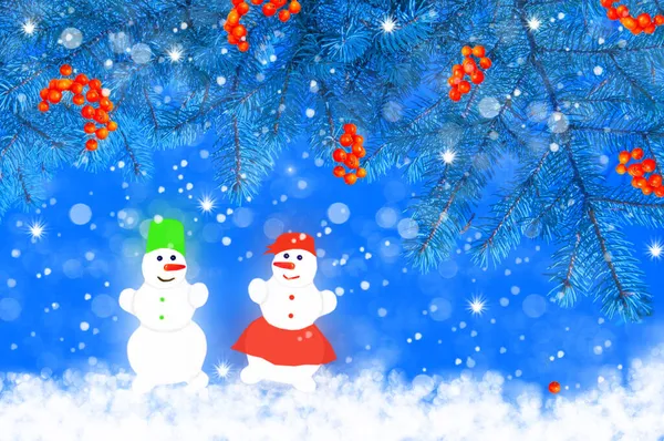 Two Snowmen Blue Spruce Branches Red Rowan Berries Snowflakes Blue — Stock Photo, Image