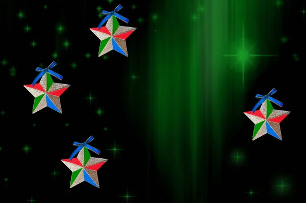 Schöne Weihnachten Bunte Sterne Auf Abstrakt Grünem Hintergrund Mit Nordlichtern — Stockfoto