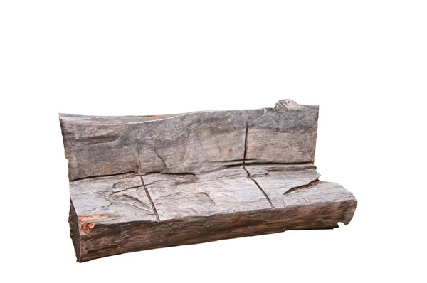 Stylizowana Drewniana Ławka Zewnątrz Wykonana Starego Pnia Drzewa Oparciem Białym — Zdjęcie stockowe