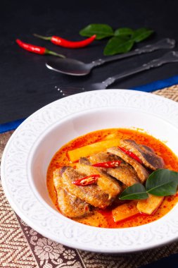 Tayland yemeği konsepti Tayland hindistan cevizi sütü kırmızı köri ördeği beyaz seramik çorba tabağında Tayland usulü otlar ve kopyalama alanı