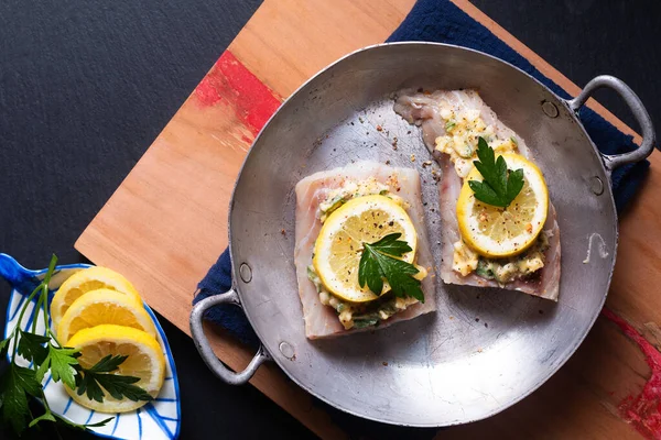 Healthy Food Concept Preparation Homemade Lemon Garlic Butter Baked Cod — Φωτογραφία Αρχείου