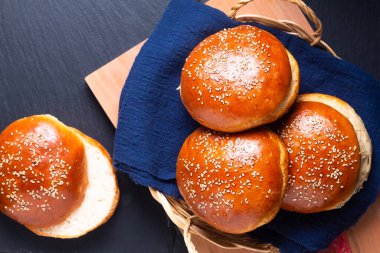 Food concept Homemade Organic burger buns on wooden board with copy space