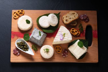 Food concept assortment French organic fresh goat cheese on wooden cheese board on black background with copy space
