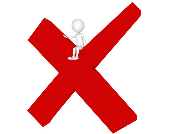 3D человеческий символ сидя красная буква X, 3d рендеринг, изолированный на w
