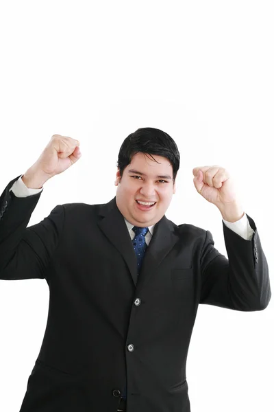 Jovem atraente sorriso feliz homem de negócios stand e expressando s — Fotografia de Stock