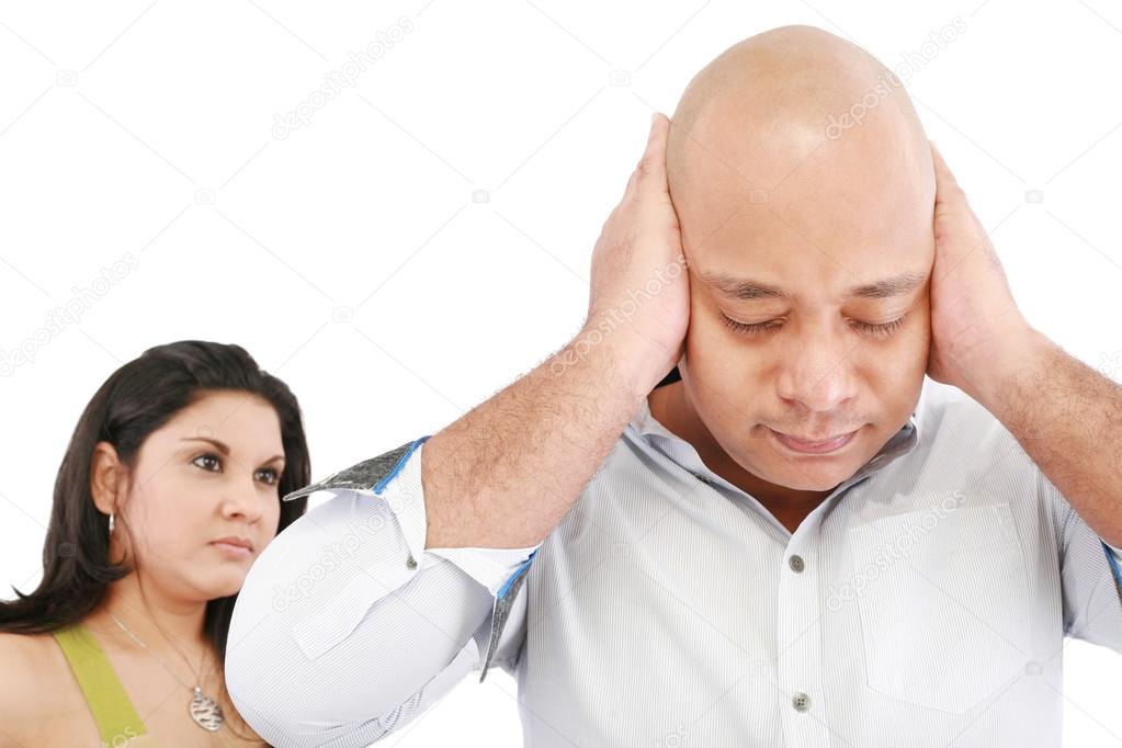 Young man and woman angry and conflicting, focus on man