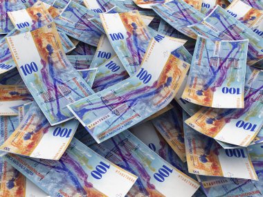 İsviçre para birimi banka notları (İsviçre Frankı). 100 Chf yığını