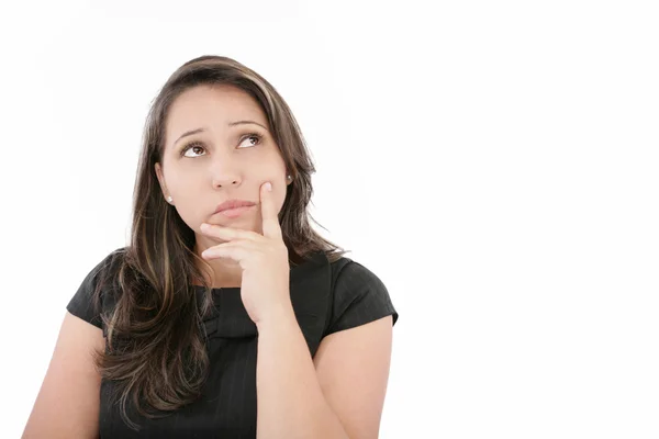 Giovane bella donna d'affari pensare / fare la scelta, isolare — Foto Stock