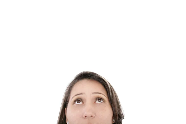 Closeup retrato de uma jovem mulher olhando para cima isolado no branco b — Fotografia de Stock