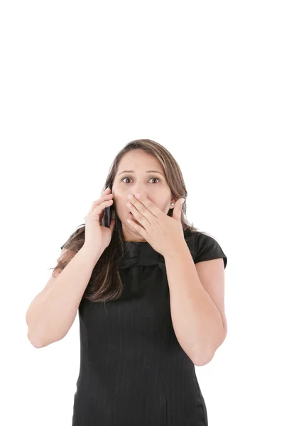 Retrato de mulher fazendo um telefonema contra um fundo branco — Fotografia de Stock