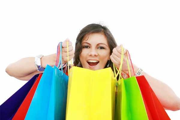 Mujer de compras emocionada, aislada en blanco — Foto de Stock