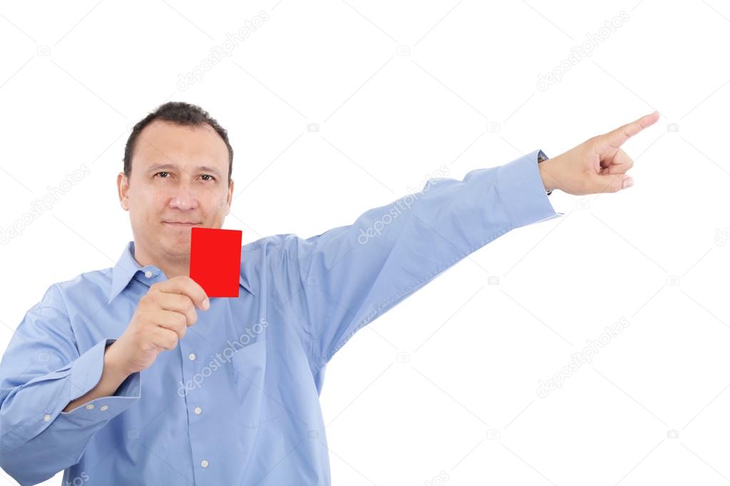 Man shows someone a red card. All isolated on white background