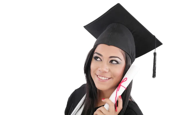 Thoughtful graduation woman with diploma looking on copy space — Stock Photo, Image