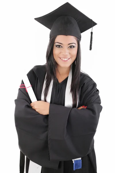 Graduación mujer retrato sonriendo y mirando feliz —  Fotos de Stock