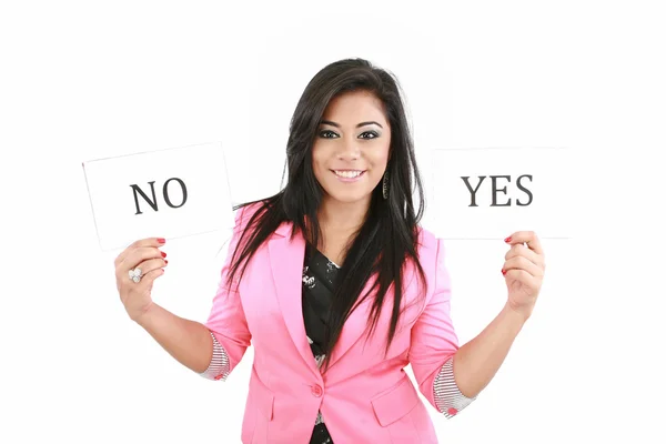 Attractive young woman thinking yes or no — Stock Photo, Image