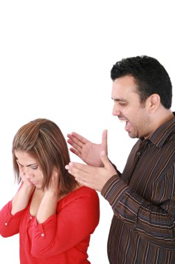 Portrait of a young woman gets earful from an annoyed man agains clipart