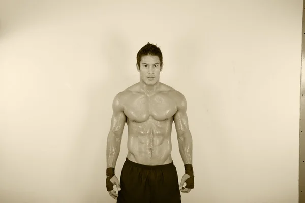 Vintage imagen del hombre muscular posando en el gimnasio — Foto de Stock
