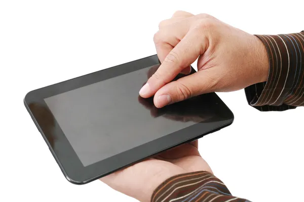 As mãos do homem estão apontando no dispositivo de tela sensível ao toque — Fotografia de Stock