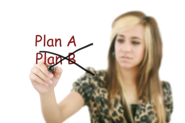 Business plan strategy changing. Woman crossing over Plan A, wri — Stock Photo, Image