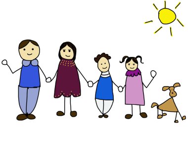 Elele ve gülümseyerek mutlu bir aile