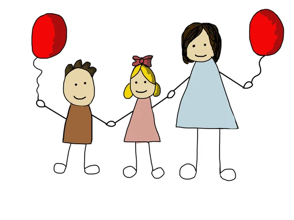 Doodle family - cartoon illustration in hand drawn style. Mom wi — Stock Photo, Image